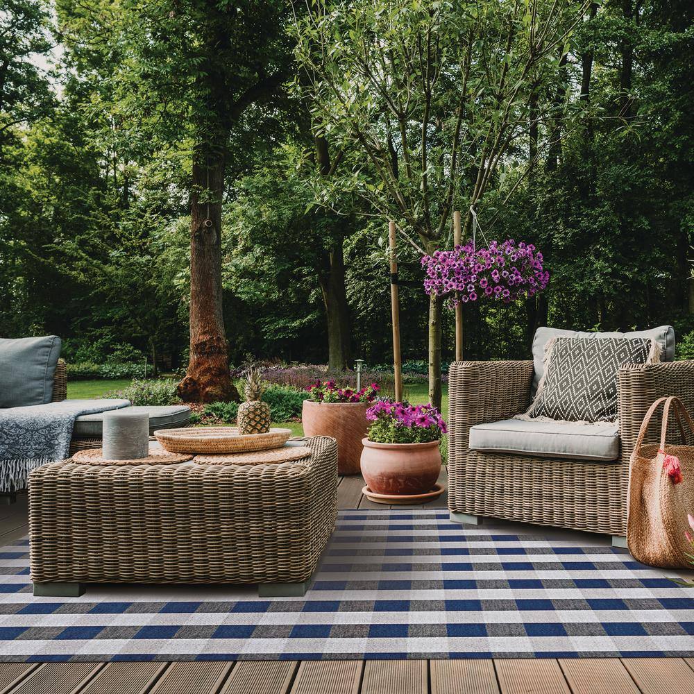 6' x 8' Gingham Check Indoor/Outdoor Rug in Blue and White