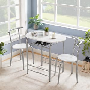 3-Piece Dining Table Set for Compact Space with Steel Frame, Wooden Round Table with Built-in Wine Rack, Pure White