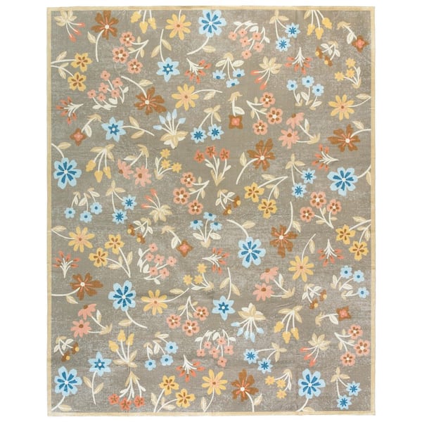 Martha Stewart Washable Dark Beige/Light Blue 9 ft. x 12 ft. Machine Washable Floral Area Rug