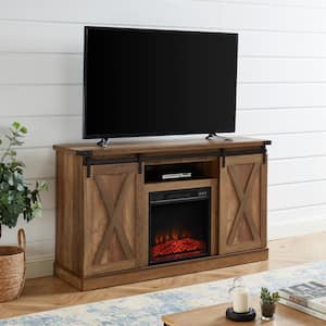 54 in. Rustic Farmhouse Electric Fireplace TV Stand with Sliding Barn Door - Rustic Oak