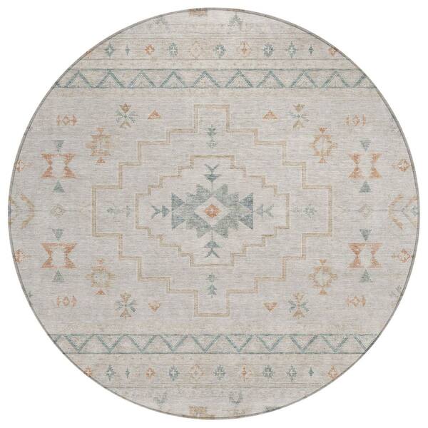 Chantille Machine Washable Indoor/Outdoor Abstract ACN3125 Ivory 8 ft. x 8 ft. Round Rug
