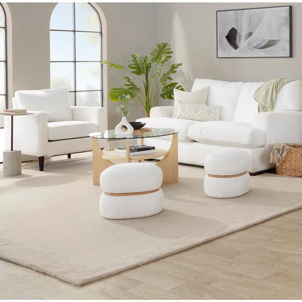 Lumisource Cinch Cream Fabric and Natural Wood Pouf Ottoman OT