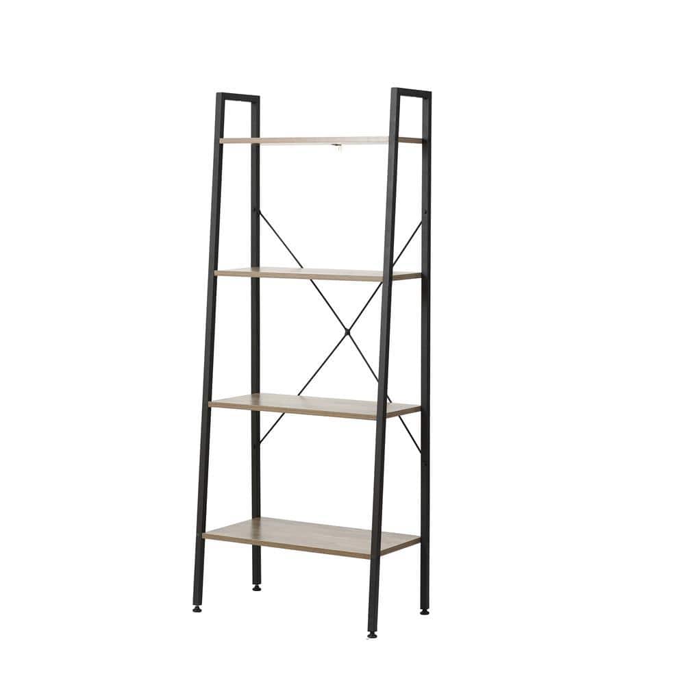 Black Metal and Wood 4-Shelf Ladder Bookcase