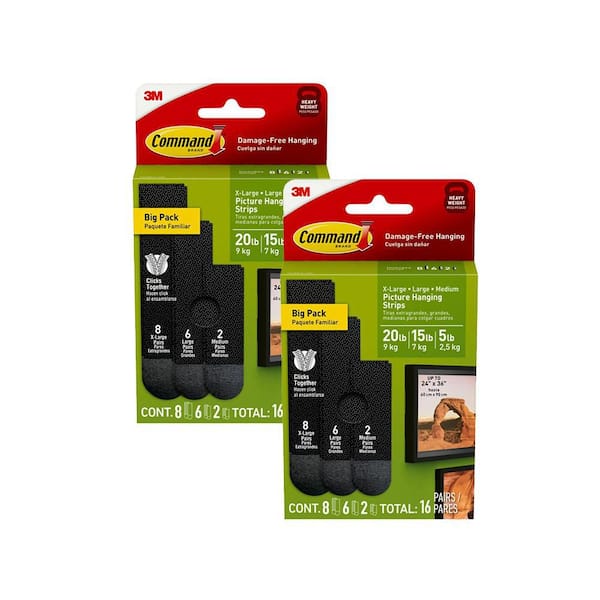20 lbs. to 15 lbs. to 5 lbs. Black Picture Hanging Strip (32-Pack)(16 X-Large Pairs, 12 Large Pairs, 4 Medium Pairs)
