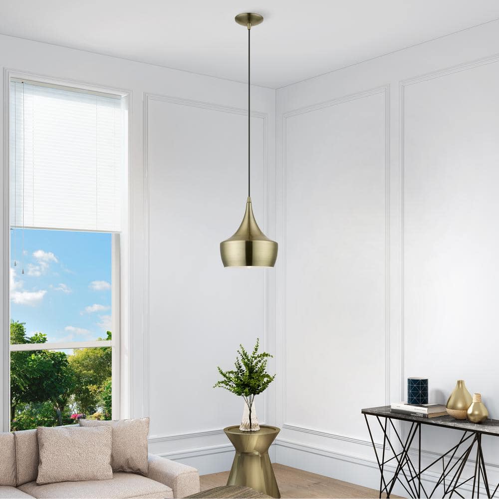 Antique Brass Teardrop Pendant Light with White Interior