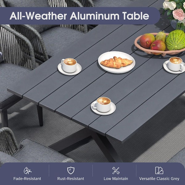 11-Piece All-Weather Wicker Outdoor Dining Set with Table All Aluminum Frame and Gray Cushions for Garden Backyard Deck