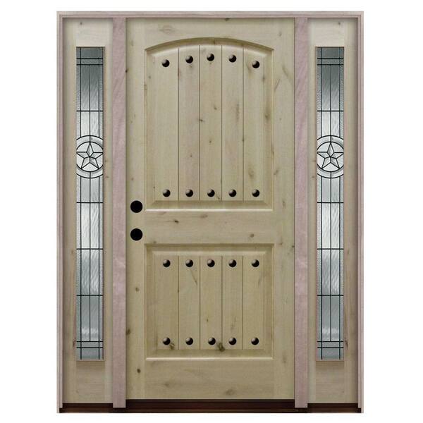 Steves & Sons Rustic 2-Panel Plank Unfinished Knotty Alder Wood Prehung Front Door with Sidelites-DISCONTINUED