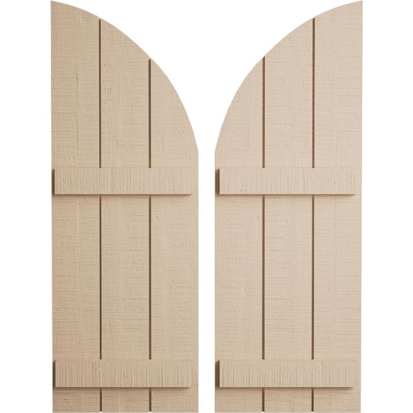 Ekena Millwork 16-1/2 in. x 76 in. Polyurethane Rough Cedar 3-Board Joined Board and Quarter Arch Top Shutters Primed Tan