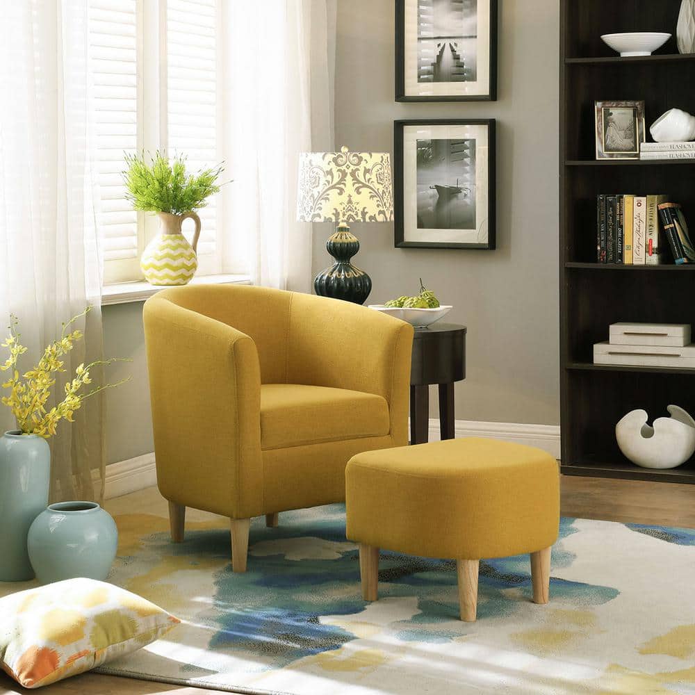 Barrel Chair and Ottoman 27 in. Wide Accent Linen Chair Yellow