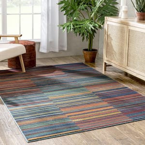 Tulsa2 Nampa Blue Red 5 ft. 3 in. x 7 ft. 3 in. Tribal Stripes Geometric Pattern Distressed Area Rug