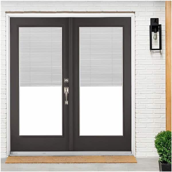 72 in. x 80 in. Black Left-Hand Inswing Fiberglass Full Lite LOE Blinds Glass Hinged French Patio Door