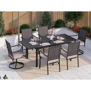Black 7-Piece Metal Patio Outdoor Dining Set with Extendable Table and Rattan Arm Chairs with Beige Cushion