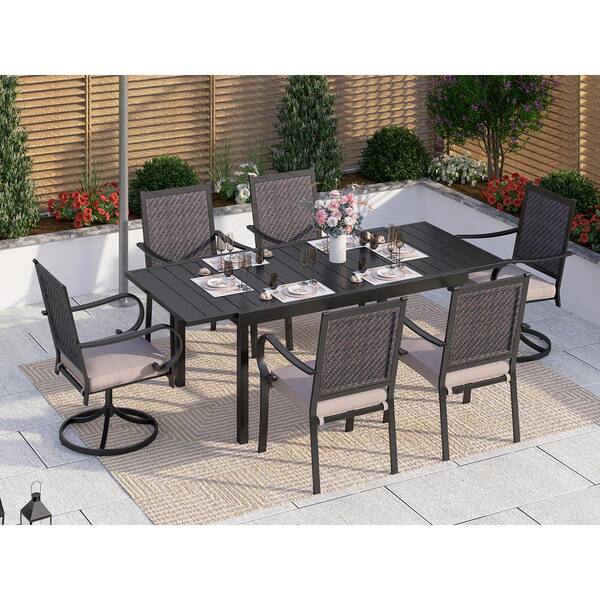 PHI VILLA Black 7-Piece Metal Patio Outdoor Dining Set with Extendable Table and Rattan Arm Chairs with Beige Cushion