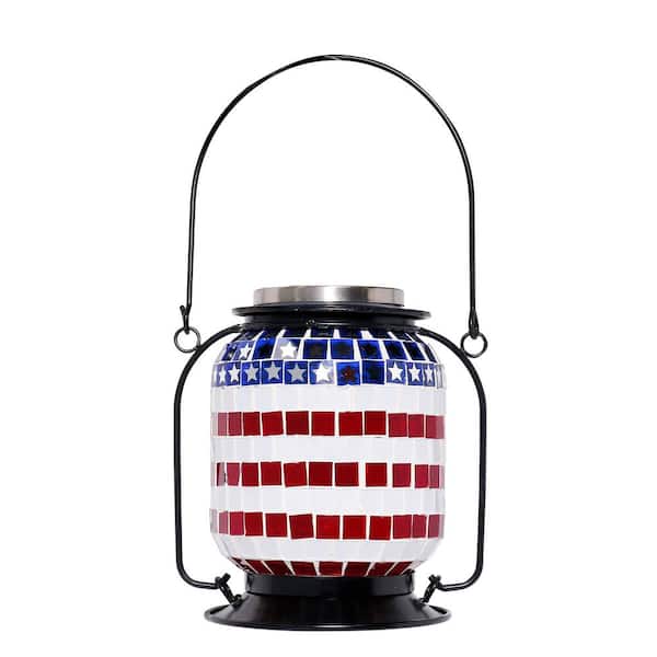 Alpine Corporation 7 in. Tall Hanging Solar Powered Outdoor Patriotic Lantern with LED Lights