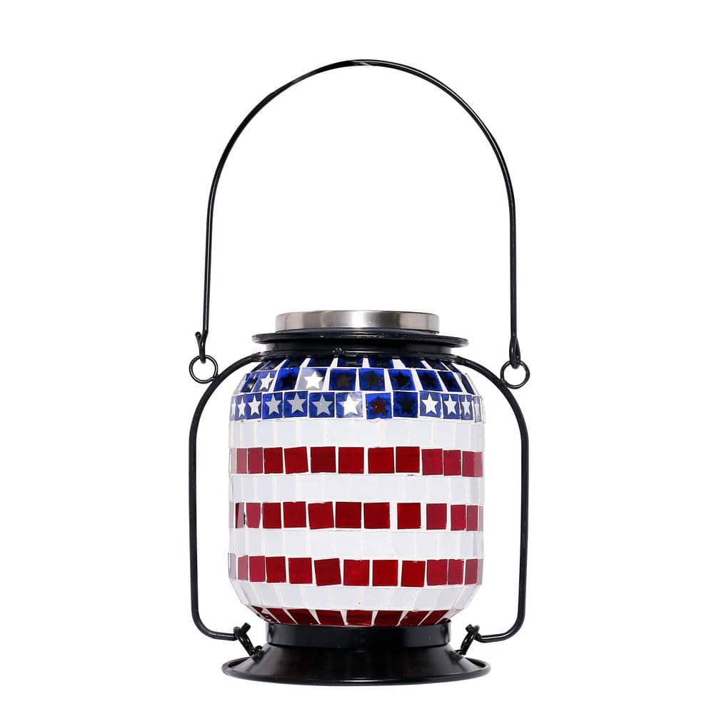 7 in. Tall Hanging Solar Powered Outdoor Patriotic Lantern with LED Lights