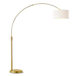 Orbita 82 in. Antique Brass Furnish LED Dimmable Retractable Arch Floor Lamp, Bulb Included with Drum White Shade