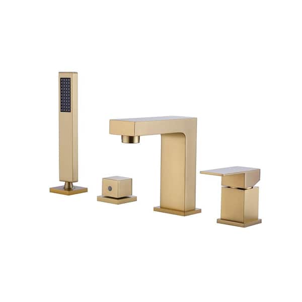 AIMADI Single-Handle Deck-Mount Roman Tub Faucet with Hand Shower Modern Brass 4-Hole Bathtub Fillers in. Brushed Gold