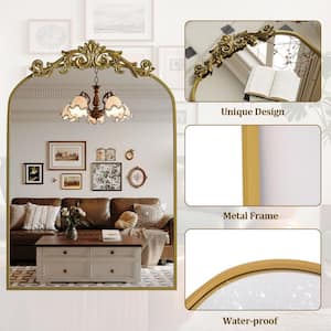 30 in. W x 40 in. H Modern Arched Gold Metal Framed with Carved Decoration Vanity Wall Mirror