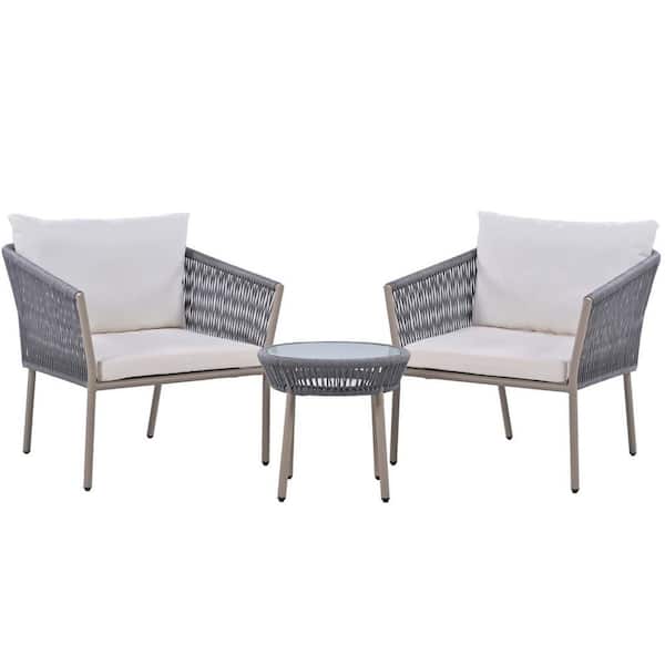 Tunearary Gray 3-Piece Woven Rope All-Weather Metal Outdoor Bistro Set with Coffee Table and White Cushions