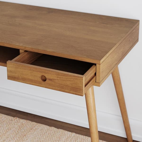 Parker 42 in. Walnut Modern Home Office Small Writing Desk for Computer or Laptop W/Open Storage Cubby and Small Drawer