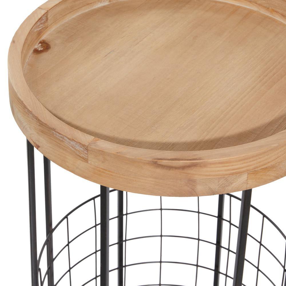 Compact Industrial Black Metal & Wood Accent Table with Basket Storage