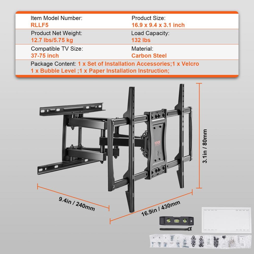VEVOR Black Full Motion Wall Mount for 37"-75" TVs