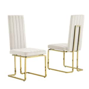 Jana Cream Velvet Fabric Vertical Line Design Gold Chrome Iron Side Chair (Set of 2)