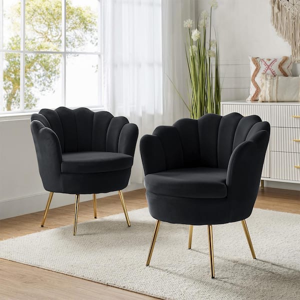 Fidelia Black Tufted Barrel Chair with Scalloped Seashell Edges (Set of 2)