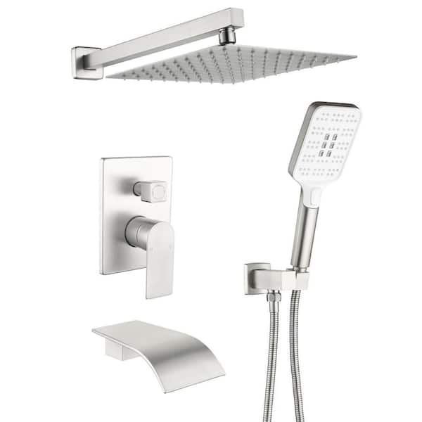 Single Handle 3-Spray Wall Mount Tub and Shower Faucet 1.8 GPM Waterfall Shower System in Brushed Nickel Valve Included