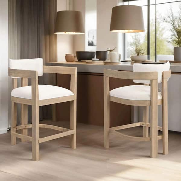 36 in. H Light Ash Rubber Wood Curved Counter Stool Bar Stool with Beige Boucle Fabric Seat (Set of 2)
