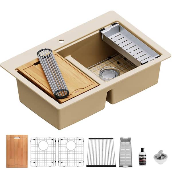 QTWS-880 Quartz/Granite 33 in. Double Bowl Drop-in Workstation Kitchen Sink in Bisque