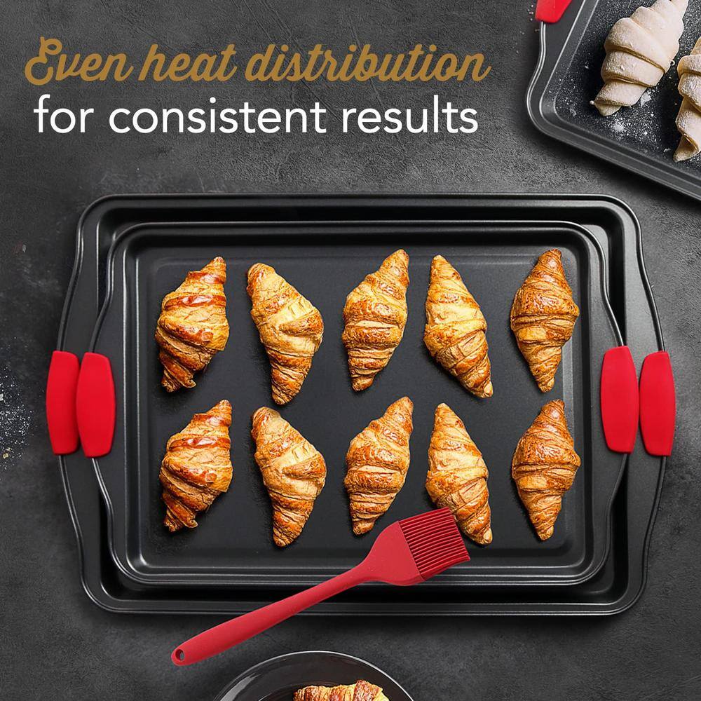 15-Piece Black Carbon Steel Bakeware Set with Red Silicone Handles