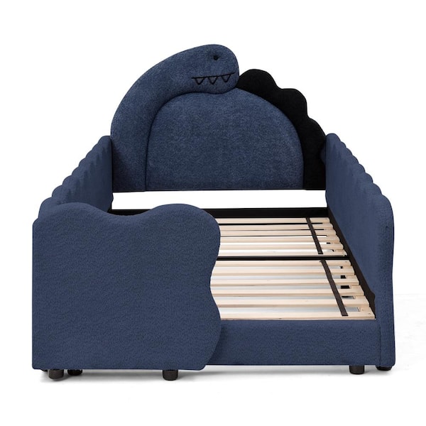 Twin Cute Dinosaur-Shaped Kids Bed with Safety Guardrail, Navy Blue Boucle Fabric Solid Wood Frame, Assembled