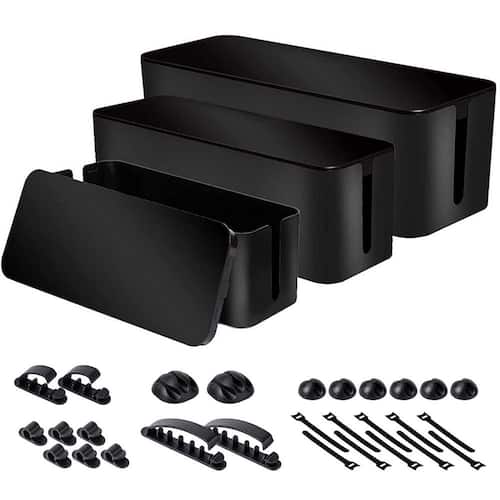 Cable Organizer Box Set of 3 Different Sizes with Power Cover Cord Holder and Surge Protector Black Cable Management