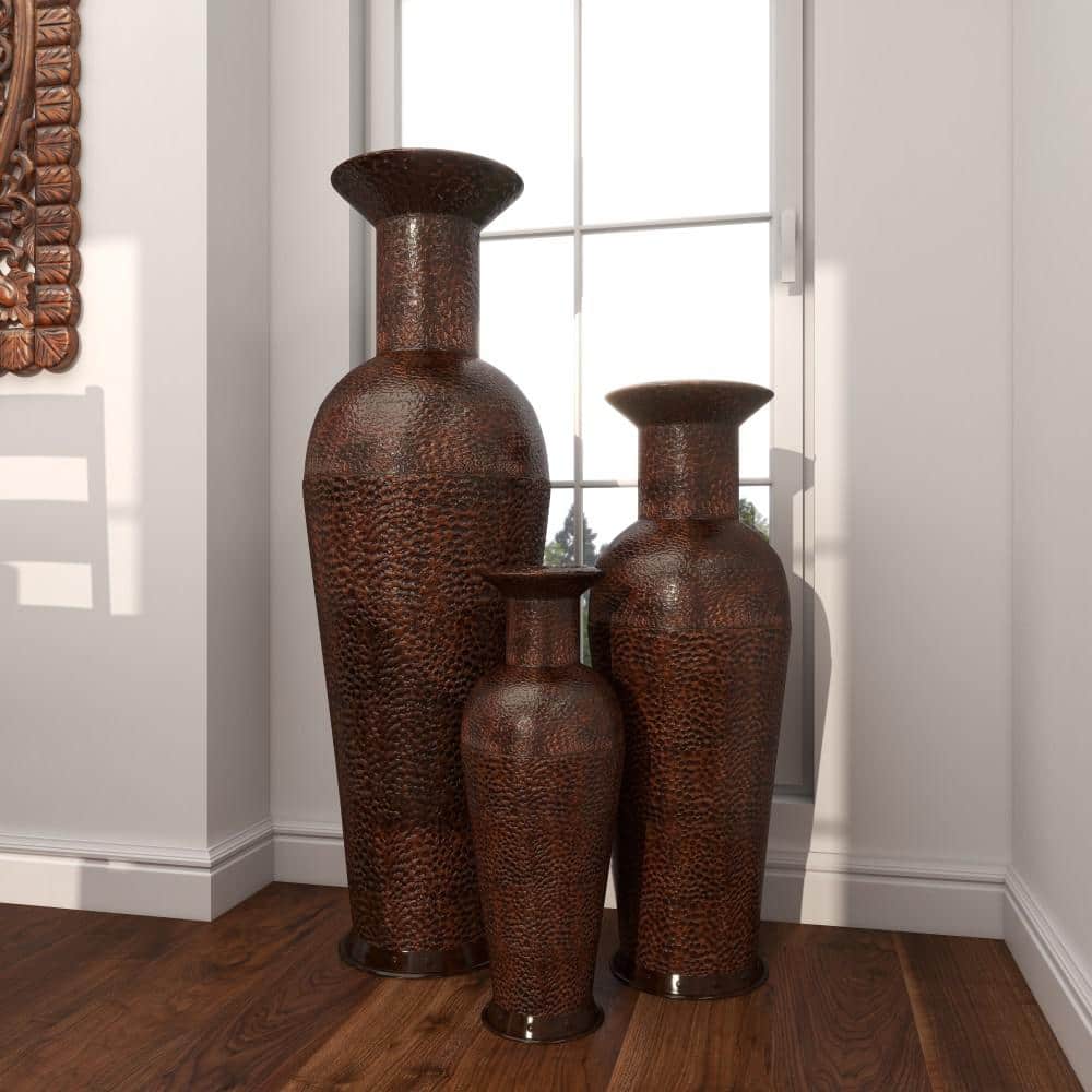 Tall Dark Brown Metal Floor Decorative Vase Set with Bubble Texture