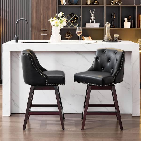 JEAREY Black PU Leather 360° Swivel Wood Bar Stool with