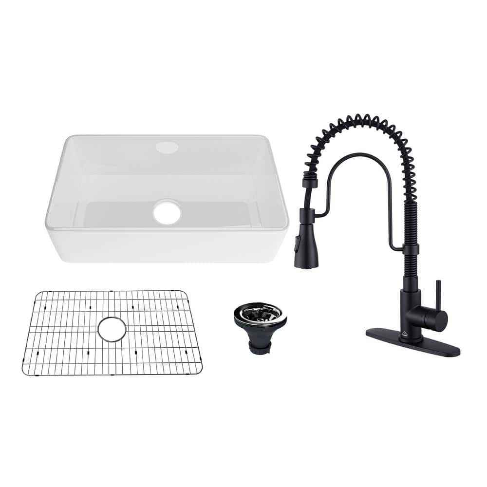 White Fireclay Single Bowl Farmhouse Kitchen Sink with Matte Black Faucet
