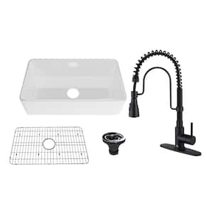 All-in-One 33 in. Farmhouse/Apron-Front Single Bowl Fireclay Kitchen Sink with Faucet, Bottom Grid, and Basket Strainer