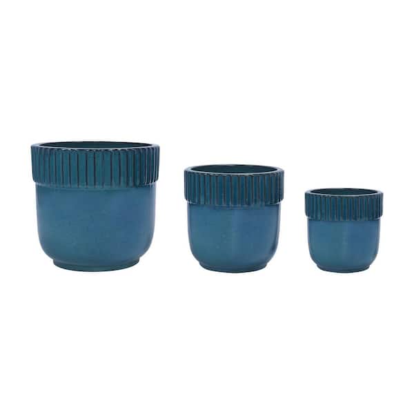 3-Pieces Ceramic Flowerpot, Modern Planter for Patio, Garden or Windowsills-Antique Blue