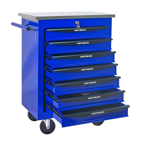 7-Drawer 13.58 in. W Black and Blue Multi-Purpose Tool Cart with Stainless Steel Top Workshops and Warehouses