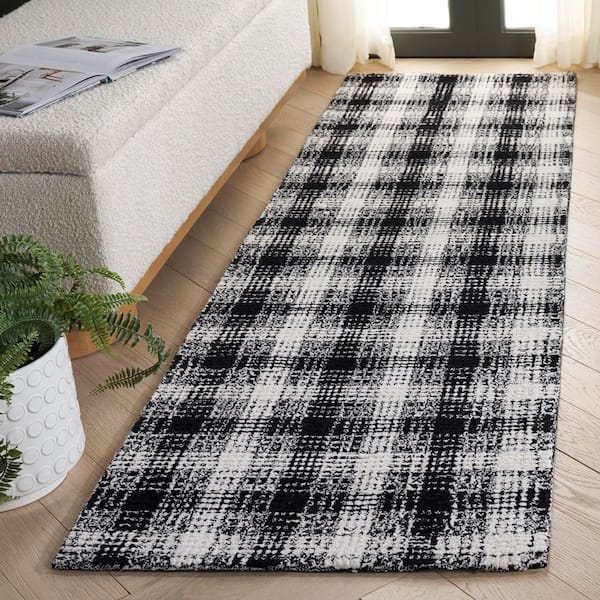 Genre 2 ft. x 8 ft. Black/Ivory Gradient Plaid Runner Rug