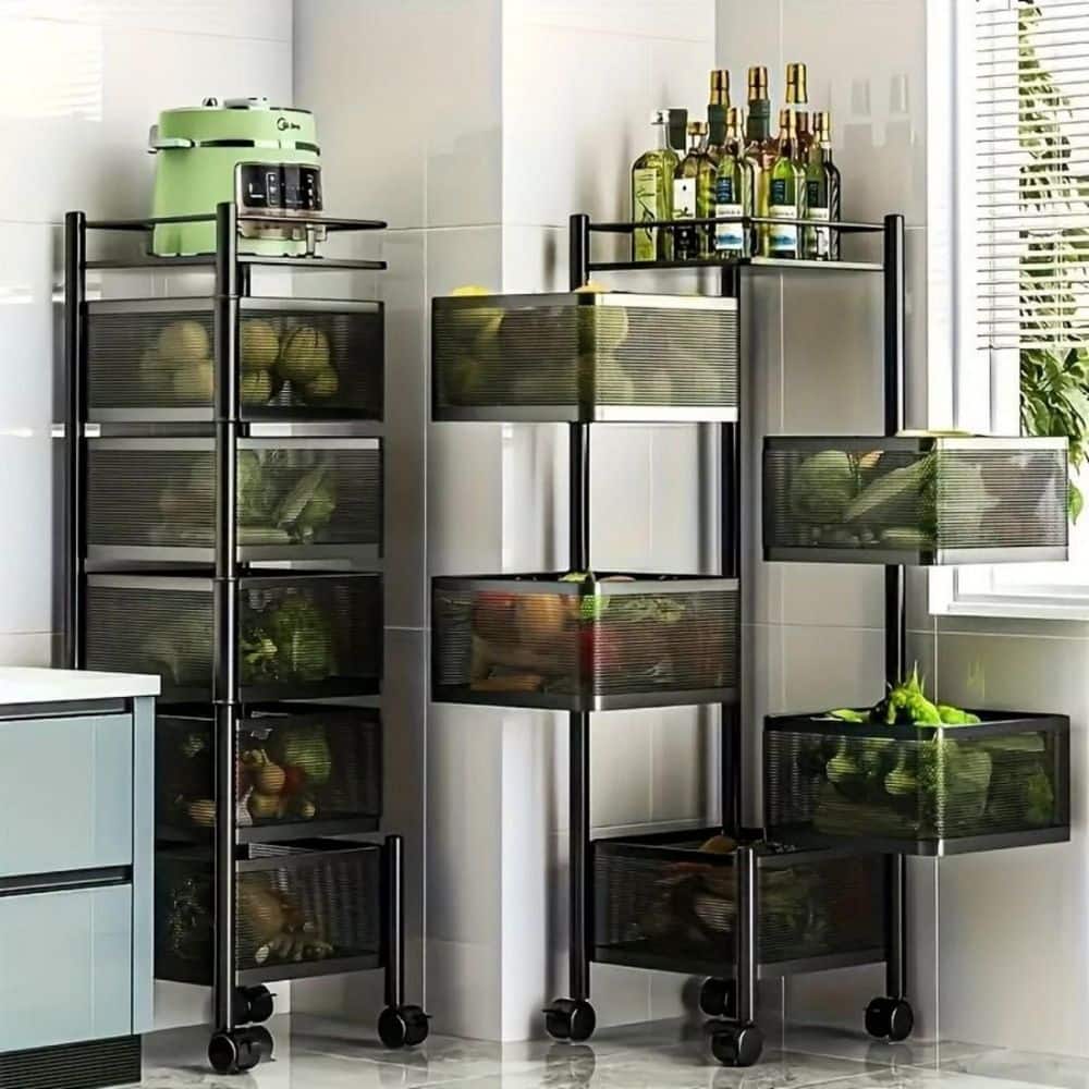 5-Tier Rotating Metal Fruit Vegetable Storage Basket Multi-Layer Vegetable Rack Storage Trolley on Wheels