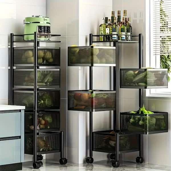 5-Tier Rotating Metal Fruit Vegetable Storage Basket Multi-Layer Vegetable Rack Storage Trolley on Wheels
