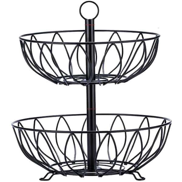 Anqtovp 2-Tier Fruit Stand Vegetables Basket Counter Top Storage for Kitchen Home Metal Cast Iron in Black