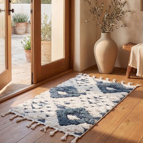 Moroccan Tassel Shag 3 ft. x 3 ft. Square Blue/Ivory High-Low Geometric Fringe Area Rug