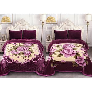 Purple Floral 2-Ply Reversible Polyester Fleece Mink 85 in. x 93 in. 10 lbs. Winter Blanket