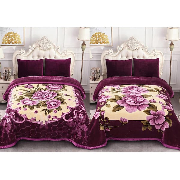JML Purple Floral 2-Ply Reversible Polyester Fleece Mink 85 in. x 93 in. 10 lbs. Winter Blanket