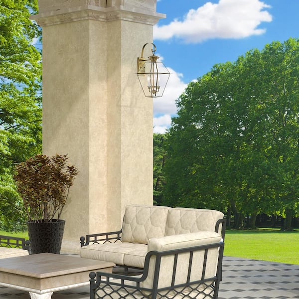 Ainsworth 22.5 in. 3-Light Antique Brass Outdoor Hardwired Wall Lantern Sconce with No Bulbs Included