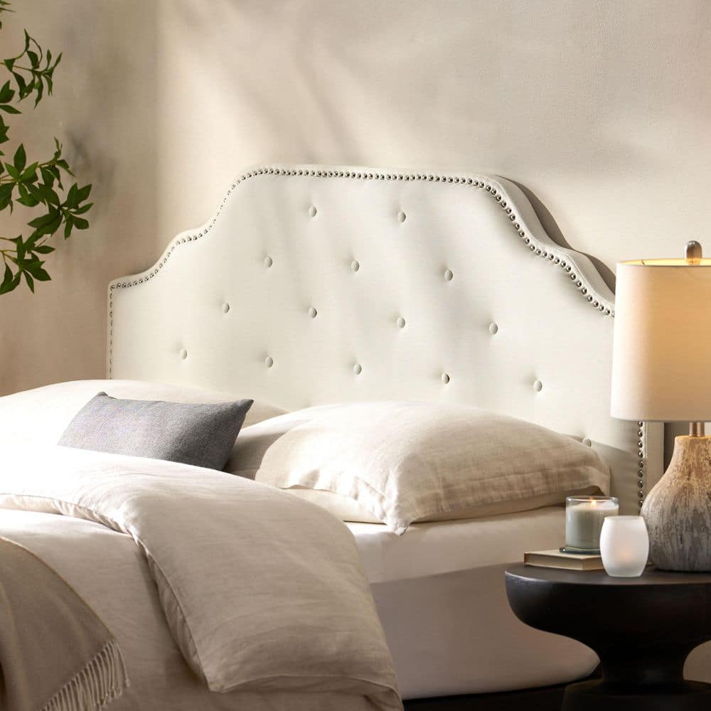 Ivory Queen Size Solid Wood Tufted Upholstered Adjustable Height Headboard with Nailhead Trims, Metal Legs