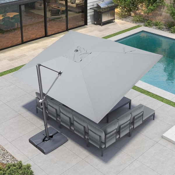 PURPLE LEAF 10 ft. x 13 ft. Outdoor Patio Cantilever Umbrella Aluminum 360° Rotation Umbrella with Base, Light Gray